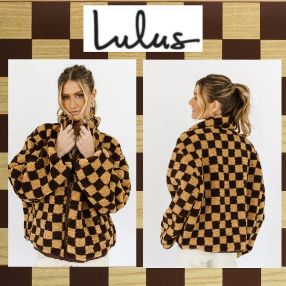 Lulu's Fuzzy Brown Checkered Fleece Jacket (Size L) - Picture 1 of 12